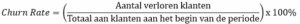 Churn rate formule=(Aantal verloren klanten/Totaal aantal klanten aan het begin van de periode)×100%